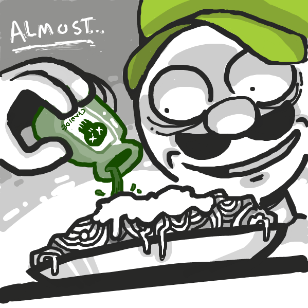 Drawing in luigi gets burnt spaghetti by DewyBob12