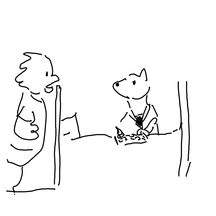 My arm hurts. Here's an offince full of furs.  - Online Drawing Game Comic Strip Panel by JA