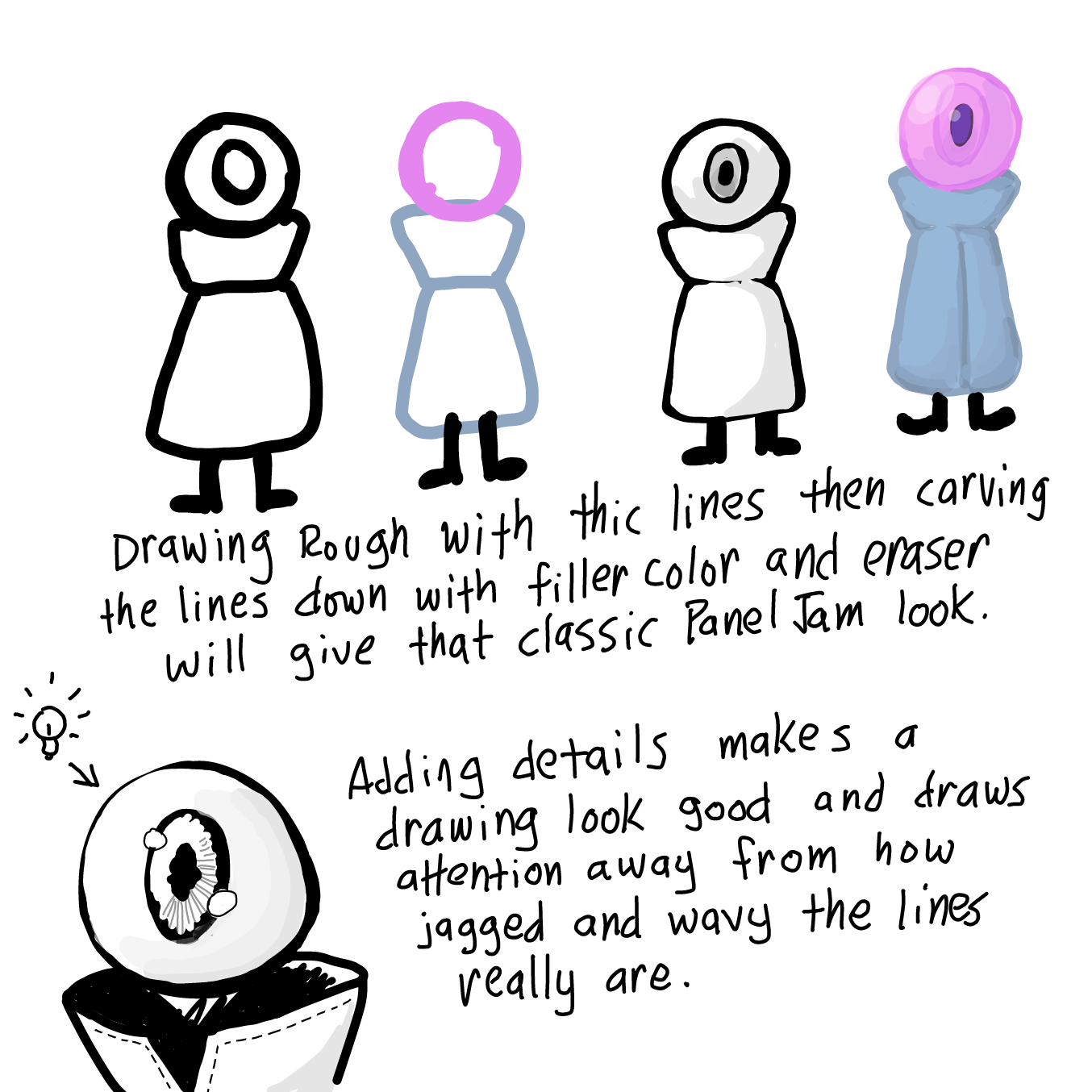 A big factor is equipment. Stylus on a drawing tablet is where the really good lines come from. - Online Drawing Game Comic Strip Panel by Wizard Croissant