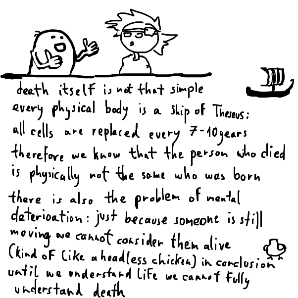 for those unfamiliar with the ship of Theseus problem: in ancient times a greek
 guy replaced parts of his ship and after a while every single part was replaced; which led to  the question: is it still the same boat or now it's a different one? - Online Drawing Game Comic Strip Panel by Peyocay