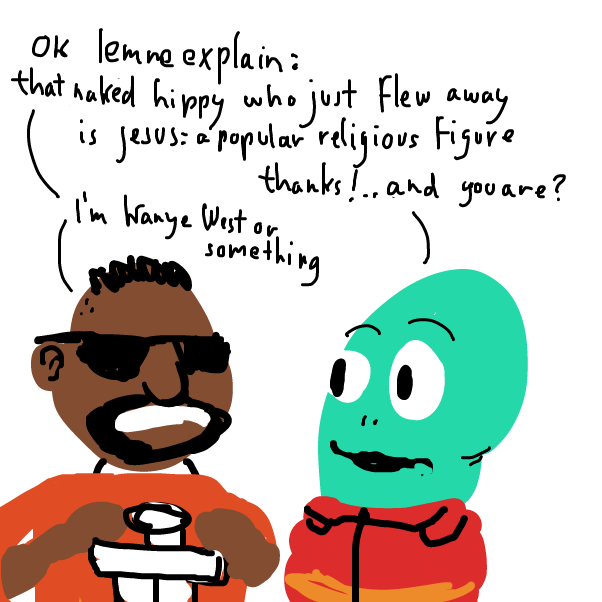 "I tried shooting him down with this sword: you see I play too much
The Legend of Zelda (tm) and was under the impression 
that swords can fire magic irl.. or maybe I just don't have full health" - Online Drawing Game Comic Strip Panel by Peyocay