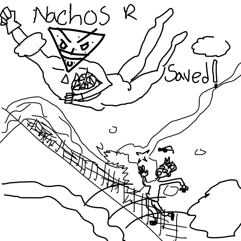 nachos are saved and the glasses guy is falling off the waterfall. - Online Drawing Game Comic Strip Panel by Rezi