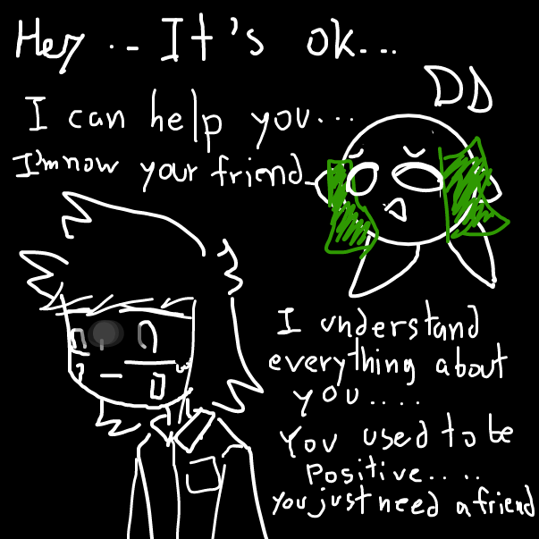 author used to be hated by everyone.... or he thought so we don't know. yourself understand most of yourself..... anyway.. I'm born because of that... I was have a duty to be his friend.. but now that he have a friend... I'm now his persona - Online Drawing Game Comic Strip Panel by FifaSam