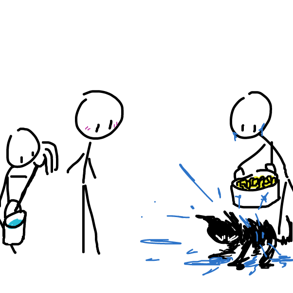 A mop and a bucket,
Macaroni in a pot...

That is as wet as the kitty. - Online Drawing Game Comic Strip Panel by KringlePringles