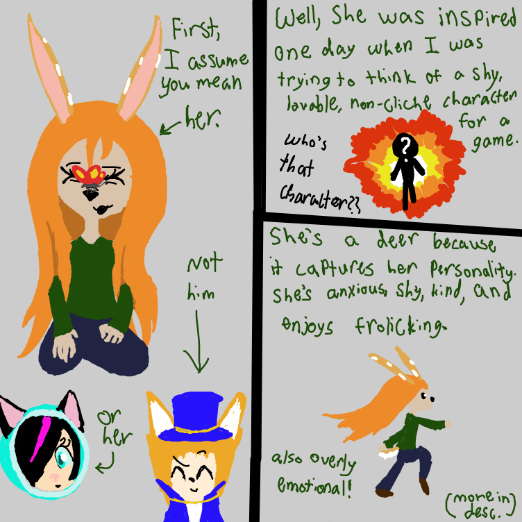 She originated as a protagonist for an rpg game I'm making. She was influenced by characters I love like Niko from Oneshot etc. Also I love animals so that's part of it too <3. Thank you for asking! ^^ - Online Drawing Game Comic Strip Panel by Setin