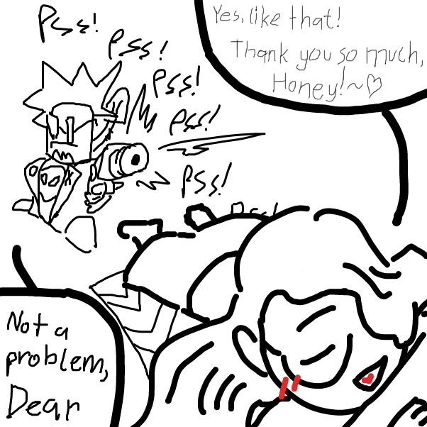 In "Dear & Honey", Dear was then kidnapped by Bastard, a stylish, tall, hot and very anime man who wants Honey's wife all to himself (disgusting bastard)! With his trusty SunBlock Bottle Postle and Shovel, Honey would have to save Dear from Bastard! - Online Drawing Game Comic Strip Panel by KringlePringles