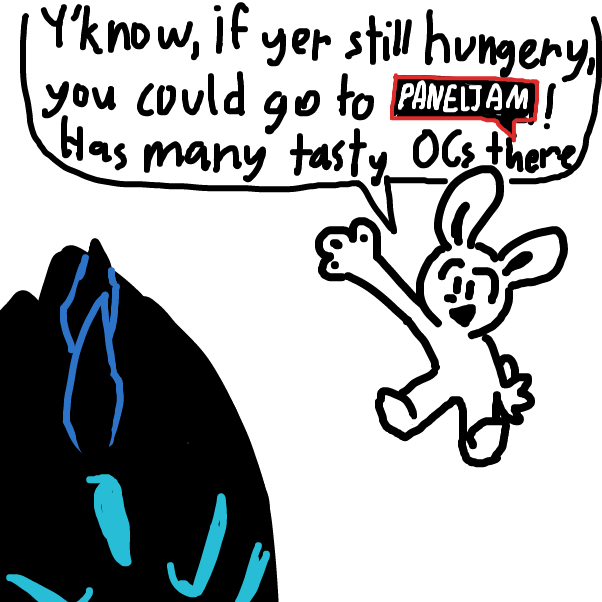 Oh, the rabbit's not afraid of getting eating btw. It's not like the monster COULD,  as the rabbit lacks any meat... He makes a good home, however. - Online Drawing Game Comic Strip Panel by KringlePringles