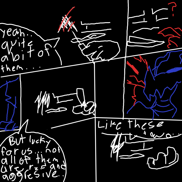 -he was quite confused on how he didnt know how many inhabited here, so you told him not all of them are red and aggressive and turned to your side and pointed and two figures standing at the door which were two more creatures one red one blue- - Online Drawing Game Comic Strip Panel by scarlett