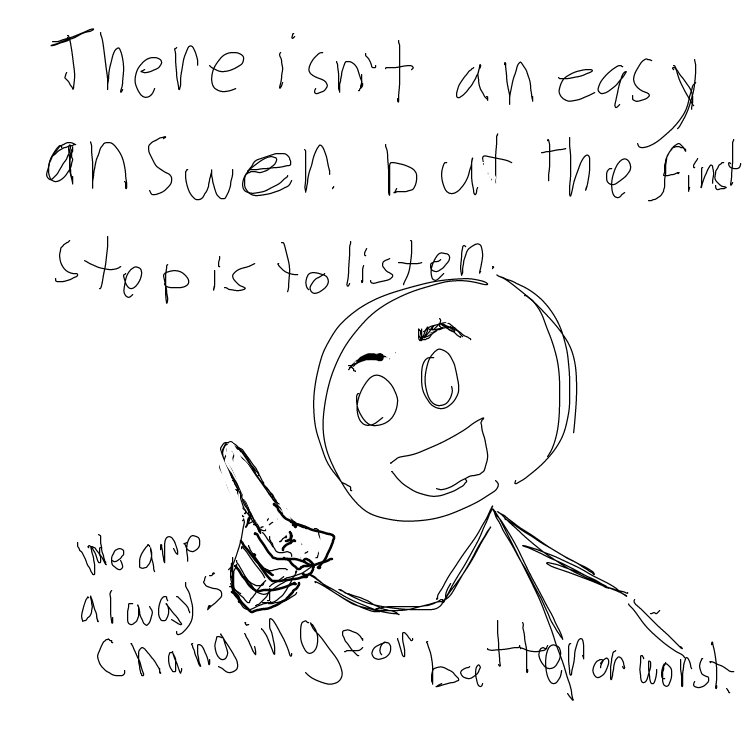 All we can do is roll with the punches and try to learn. You can only really get better by life experience and trying to understand each other. 

This doesn't cover everything but it's all that I've known.  - Online Drawing Game Comic Strip Panel by JA