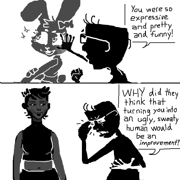 they gone and turned her into a not-animal person!
how will glasses guy be convinced!!
and what will be the consequences...

 - Online Drawing Game Comic Strip Panel by Chepley