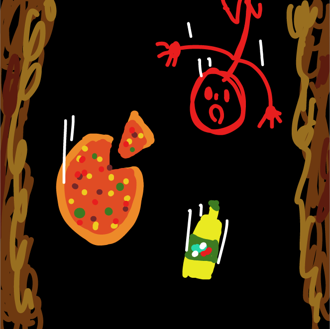 A pizza and mountain dew accompanies him - Online Drawing Game Comic Strip Panel by Rey