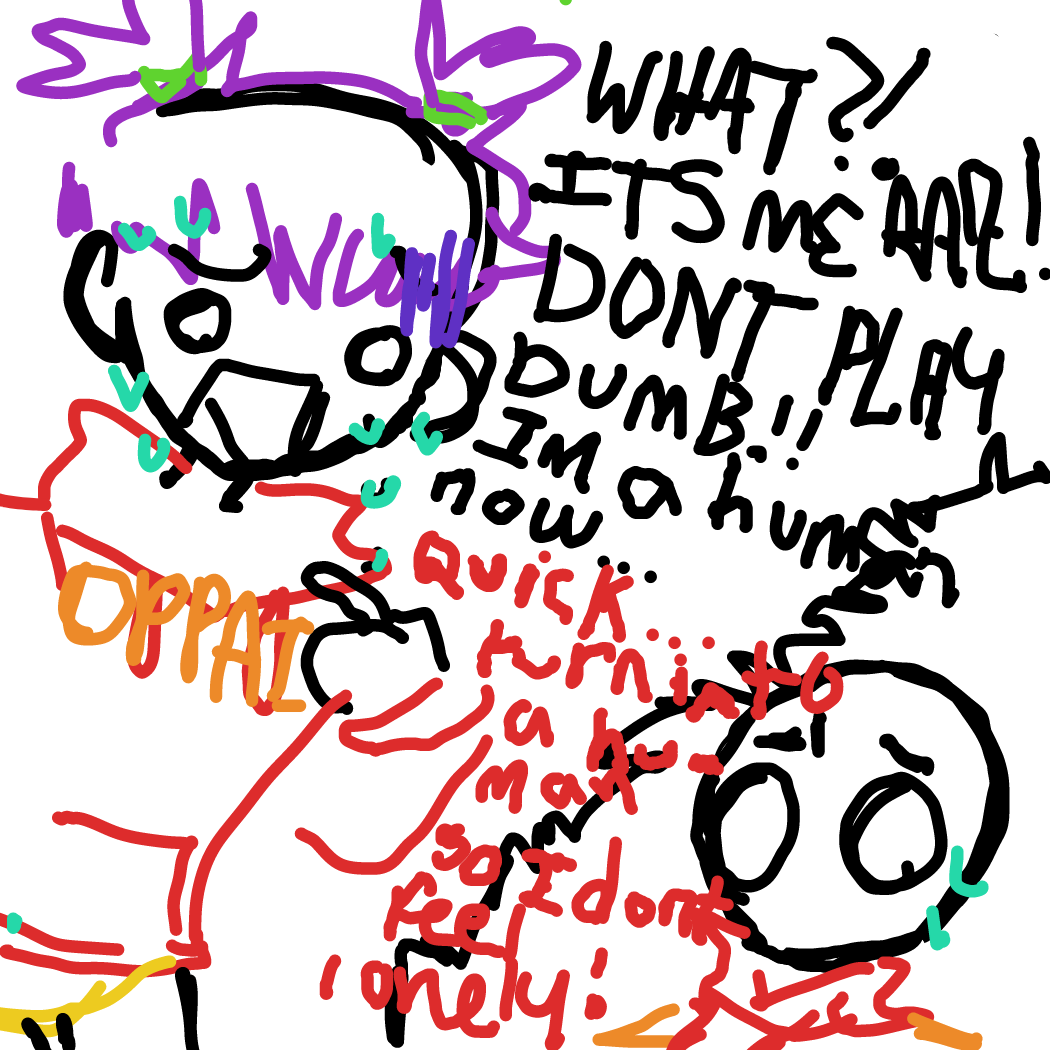 sorry, on a very long car ride for the weekend, low quality comics for now. the red says, "quick... turn into a human so I don't feel lonely!"  - Online Drawing Game Comic Strip Panel by Razputin