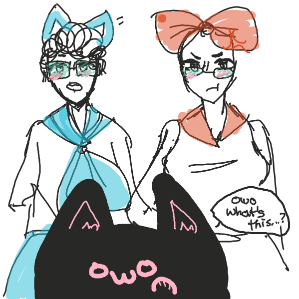 Bill and Steve are shocked to discover that the mystery man with the remote is actually  their super-hot owo what's this? boss, who is just a solid black neko man with "owo" for a face thats all - Online Drawing Game Comic Strip Panel by Flower