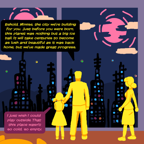 A pioneer family of three. They're quite wealthy, as they own a vast army of mining, building and exploring drones, and hold a big share of the companies that produce much of the world's food, water and electricity. - Online Drawing Game Comic Strip Panel by locoluis