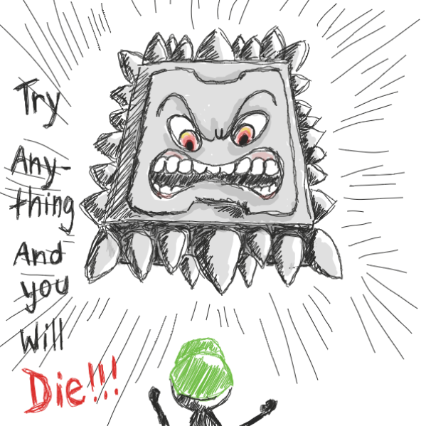 Thwomp ain't having any of Luigi's attitude. - Online Drawing Game Comic Strip Panel by Wizard Croissant