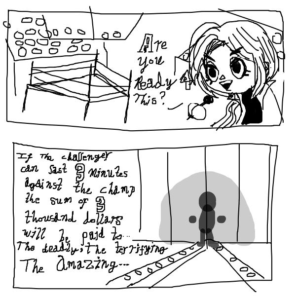 It's fight night! The ring announcer is calling out the challenger! And here they come. That's just a generic silhouette. The look of the challenger and champion up to you - Online Drawing Game Comic Strip Panel by Skullheart