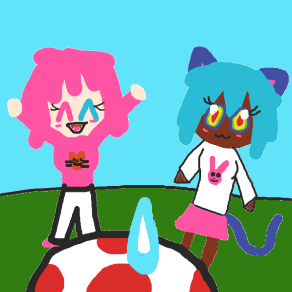 Two fangirls appear, just bursting with excitement over seeing  their favourite mushroom person :3 What happens next? ps. the one with pink hair calls herself "Toady" and the blue haired one calls herself "Kino" - Online Drawing Game Comic Strip Panel by Stone_Flower