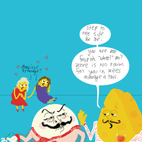 Monsieur Frommage is right; four is too even a number for these odd cheeses. - Online Drawing Game Comic Strip Panel by Wizard Croissant