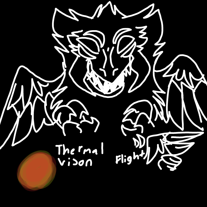 Ghost= his vision is altered in a way he can see the heat from others inside them. ( besides the wings used for flight, those weird tusks on each side of his head help with echolocation.  - Online Drawing Game Comic Strip Panel by OneWithTheShadows