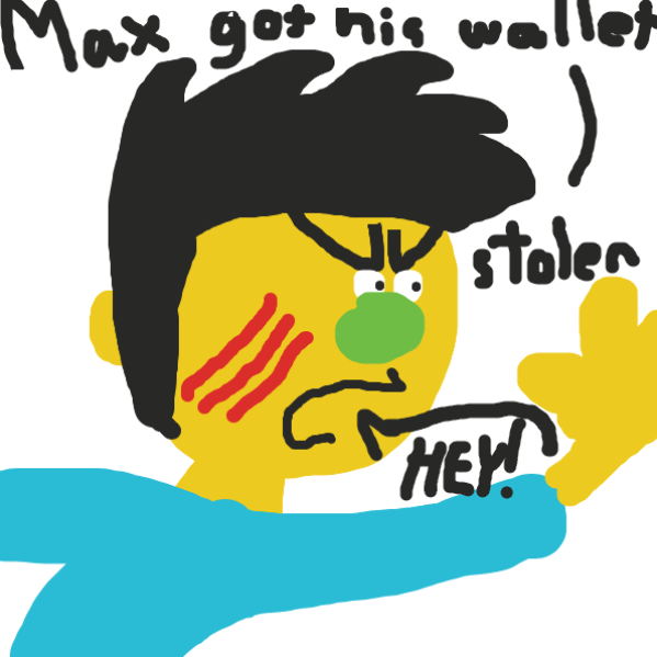 He got his wallet stolen. https://www.striptogether.co/strips/2001/panels - Online Drawing Game Comic Strip Panel by TheYellowMan