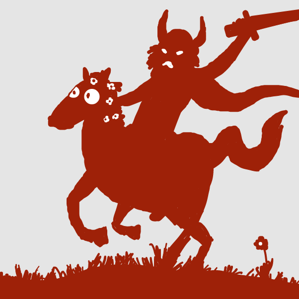 "And another, a red horse, went out; and to him who sat on it, it was granted to take peace from the earth, and that men would slay one another; and a great sword was given to him." - Online Drawing Game Comic Strip Panel by Emjaypatrick