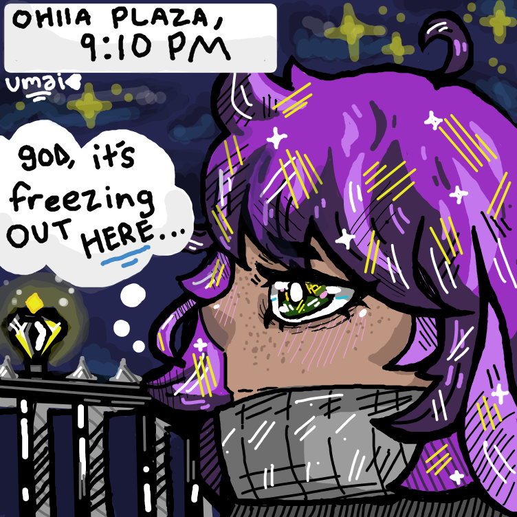 a purple haired girl is walking up some steps, that have spiked gates. ahead of the steps leads to stores and a coffee shop. the girl ends up going in and rests in there drinking her coffee. Not sure how much I  can to say aaa sorry :,D - Online Drawing Game Comic Strip Panel by Umanix