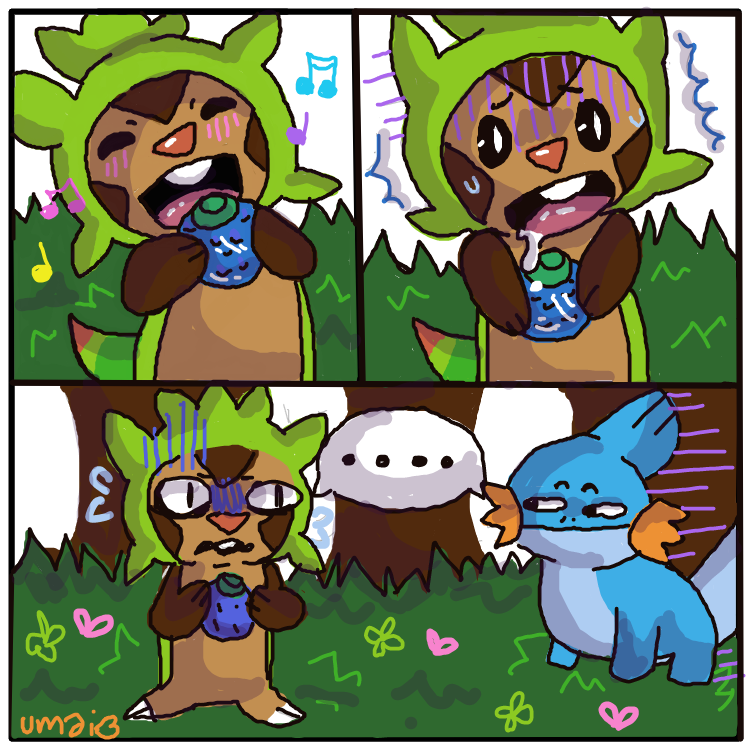 Mudkip is death stairing at chespin. poor chespin is too nervous to eat his food. or concerned. probably both.  - Online Drawing Game Comic Strip Panel by Umanix