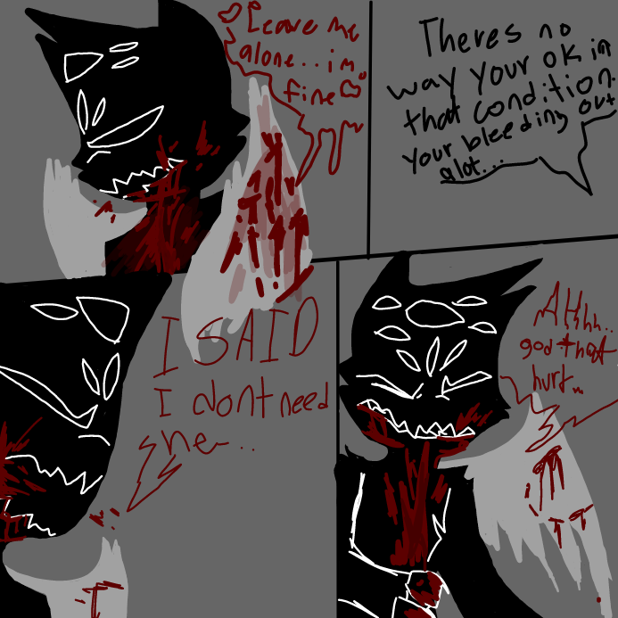 -i turned away and hid myself, "leave me alone..i don't need help." she resisted and tried again. i tried to stop her more but that caused a pain surge to flash over me, it felt horrible to the point were it made me stop speaking mid-speech- - Online Drawing Game Comic Strip Panel by OneWithTheShadows