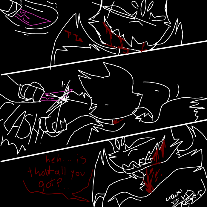 -she thought she'd outsmart me, as i knew she was coming from behind. i turned in a hurry and blocked it, despite it shattering the horn on my arm, not a scratch was seen there- - Online Drawing Game Comic Strip Panel by OneWithTheShadows