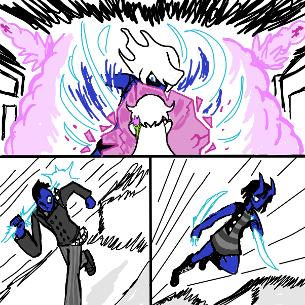 The white haired possessed mannequin unleashes a barrage of attacks on our protagonist. Distracted, two of the other mannequins emerge from the smoke, quickly maneuvering themselves on each side of the battle in order to flank her. - Online Drawing Game Comic Strip Panel by SeanTrunks