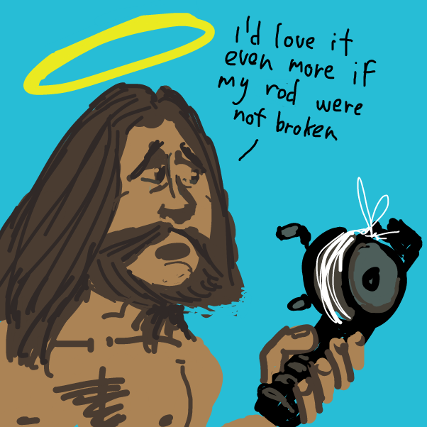 "my fishing pole is also in a bad shape" - Online Drawing Game Comic Strip Panel by Peyocay