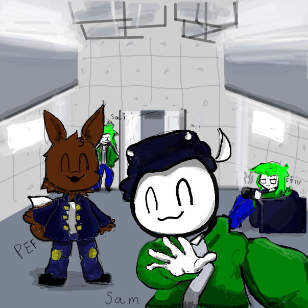 i say.. i put an effort to this very much it 2 am now.... so 3 hour...
also pef costume is a reference to some character clothes and sam hat have a reference to both song and a character.... 
i impressed myself...-sam - Online Drawing Game Comic Strip Panel by FifaSam