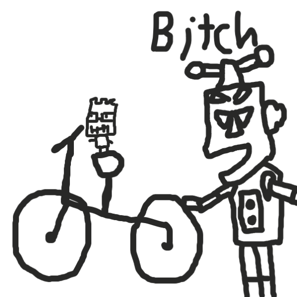 Scrugus: Mike Defeats God (Mike gets his bike stolen by a Fronk) - Online Drawing Game Comic Strip Panel by Meow the Fronk