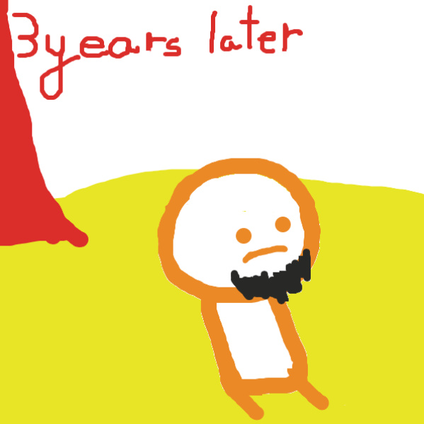 It's been 3 years later, his house got destroyed, the tree has gotten way larger, he grew a beard, and he's been doing nothing this whole time - Online Drawing Game Comic Strip Panel by TheYellowMan