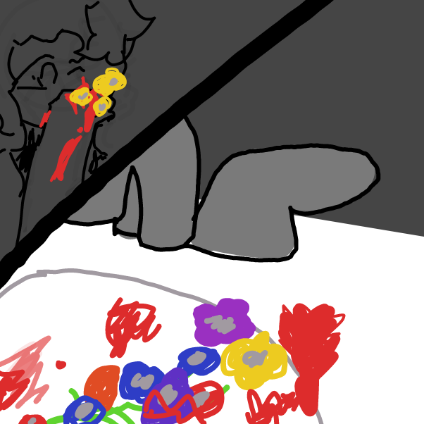 Alex is in their bathroom with a bloody sink they hover over covering their mouth leaking blood and choghing up flowers... flowers?  - Online Drawing Game Comic Strip Panel by SIMP