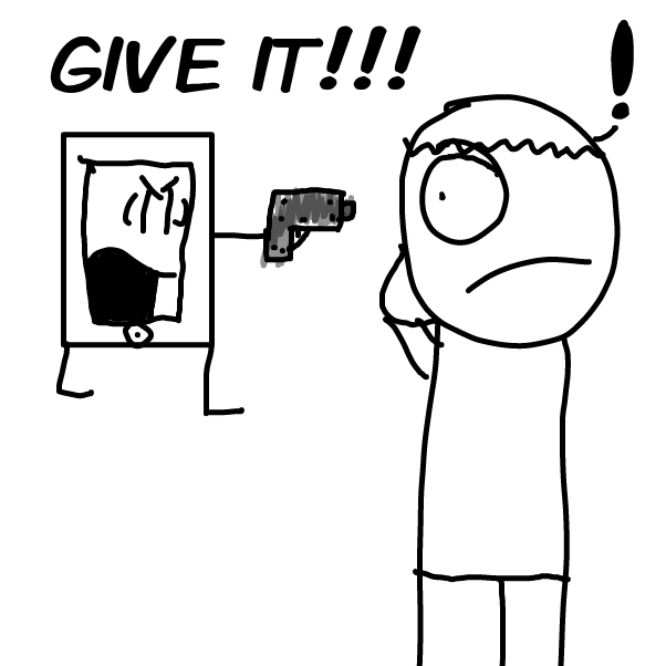 First of all, I have no idea if this gun violence thing is NSFW. Anyway, the phone got mad and pulled a gun out of who knows where. - Online Drawing Game Comic Strip Panel by Z.The.Comic