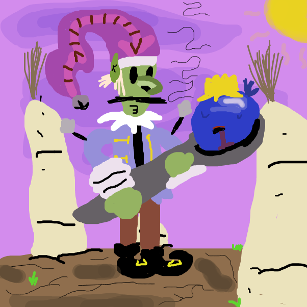 Drettif The Elf goes to the parsnips field with his giant silver digging spoon to make his soup for his sleeping queen blueberry. - Online Drawing Game Comic Strip Panel by BananaDoc
