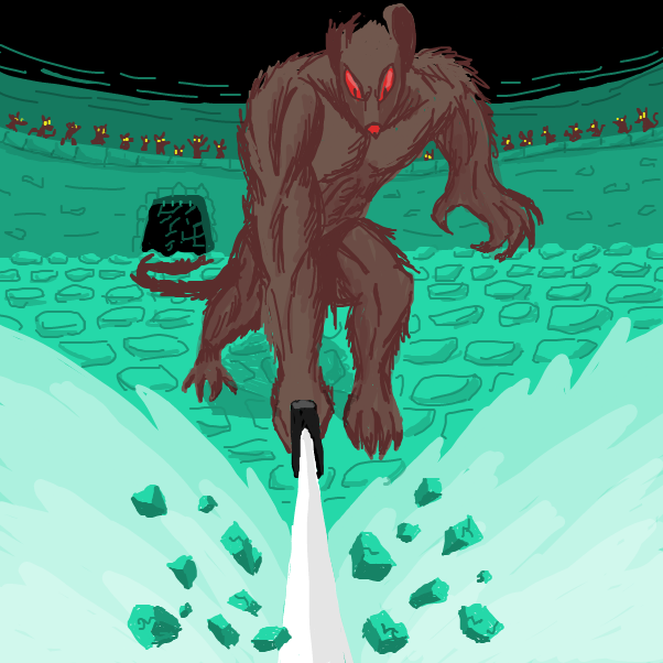 The giant rodent berserker's massive blade slams to the ground, smashing the flooring underneath into dust and rubble. But what of our serpentine heroine and her companion? The dust cloud's still too thick for us to see them clearly right now. - Online Drawing Game Comic Strip Panel by SeanTrunks