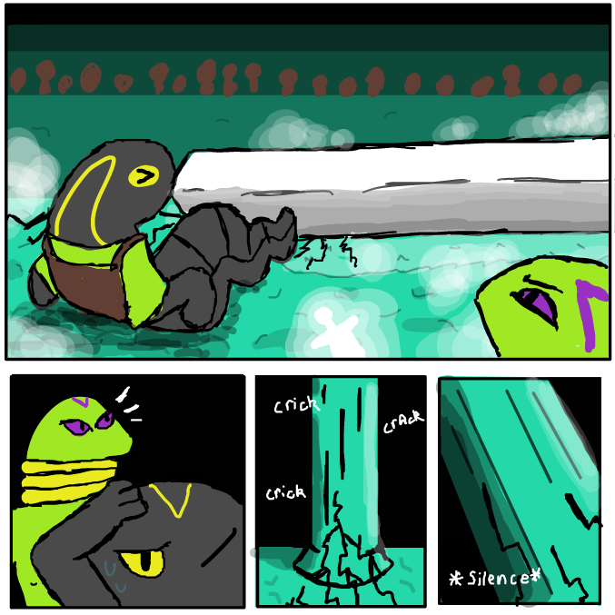 ...Perhaps this arena isn't as sturdy as it seems... maybe a few more oafish hits could bring it crumbling down! - Online Drawing Game Comic Strip Panel by SpaceMattress