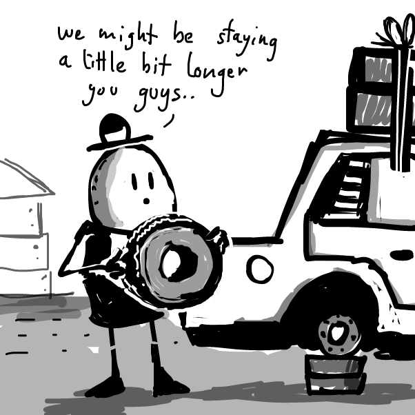 "so far I only managed to buy back one tire" - Online Drawing Game Comic Strip Panel by Peyocay