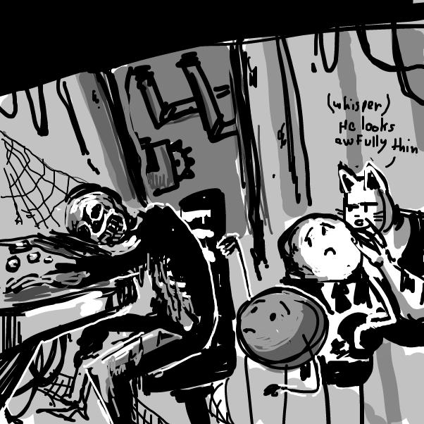 "think he is.. expired?"
"there is a simple test! .. anyone got a stick?" - Online Drawing Game Comic Strip Panel by Peyocay