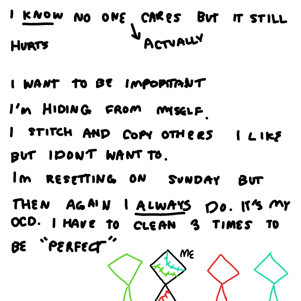 There's none of me left. I don't want to copy others. But I want to be perfect and I see them as perfect... - Online Drawing Game Comic Strip Panel by Null