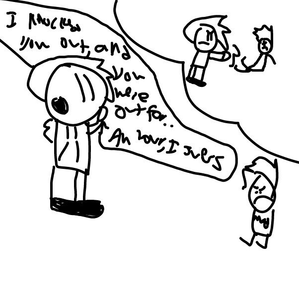 In case you cant read my bad handwriting, "I knocked you out and you were out for...an hour, I guess"

Btw Riq is mad - Online Drawing Game Comic Strip Panel by Z.The.Comic