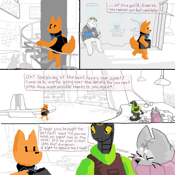 THEORY!!!:
story is b4 jams 7190 and 5120
guild trainer (jam 5120) manages spelunking guild in tower
guild trainer commissions fox agent to get artifact to help crate snake enter jam 7190's dungeon
guild trainer later defeats jam 5120 dragon using artifact - Online Drawing Game Comic Strip Panel by Chepley