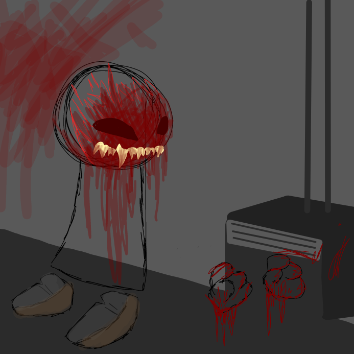 ScrapeFace origin 
Scrapeface was a usual grunt, until he was taken to a room, with a box mounted to steel pipes on the wall, with two buttons for his hands to go. he pressed them, and it shut on him, leaving him with going crazy and ended up becoming it - Online Drawing Game Comic Strip Panel by OneWithTheShadows