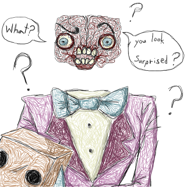 did the staff not tell you about this or something? have you really never see his face once? YOU'VE BEEN WORKING HERE FOR 10 YEARS? - Online Drawing Game Comic Strip Panel by CherryKakyoin