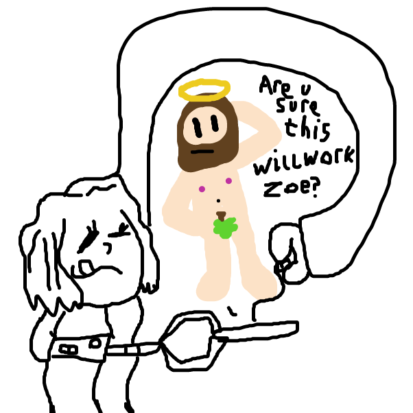 Naked Jesus wants a new superpower and his chaotic scientist Zoe voulenteer to help him get that. - Online Drawing Game Comic Strip Panel by BananaDoc