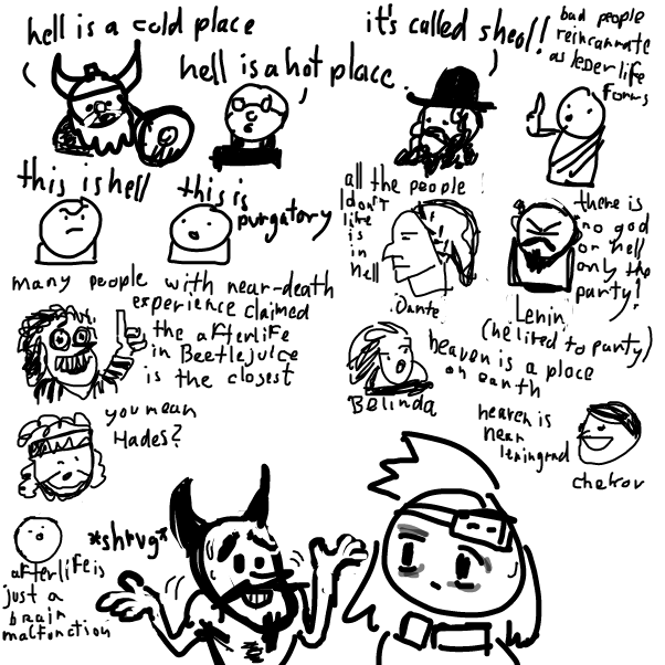 there are just so many religions and some many theories
the concept of heaven and hell seems to be but the most popular theory
someone out there  probably knows whats up for real.. 
but then all you can do is believe them or not - Online Drawing Game Comic Strip Panel by Peyocay