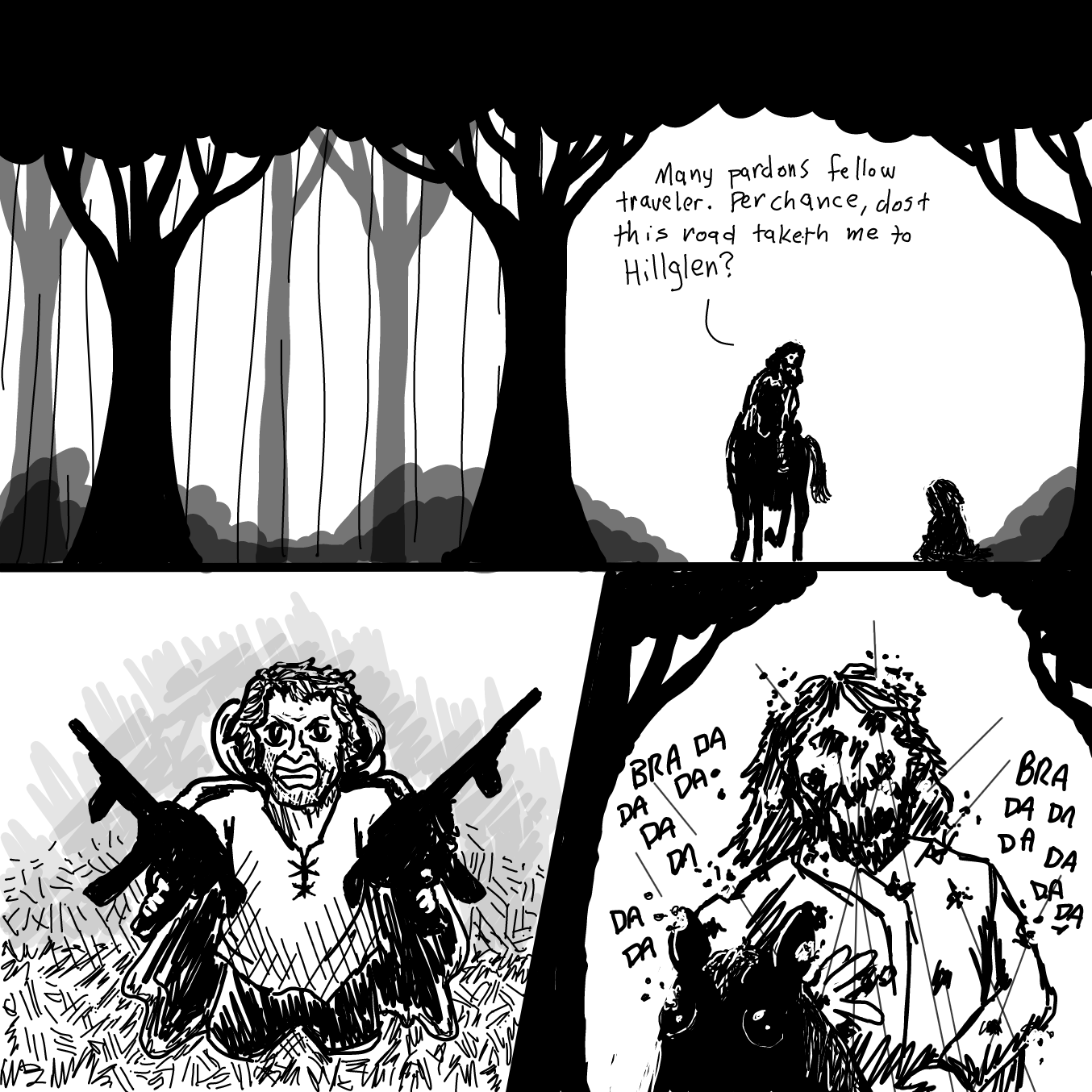 First panel in A Contest of Shadows and Smoke drawn in our free online drawing game