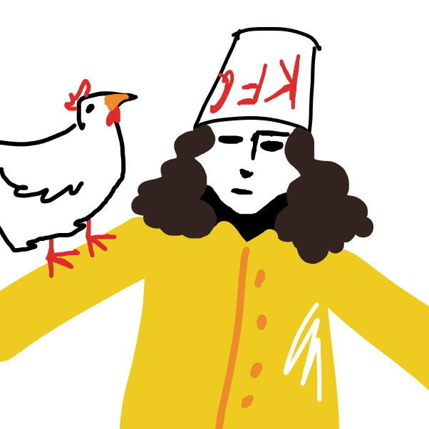 guitarist Buckethead poses with his friend chicken  - Online Drawing Game Comic Strip Panel by KMP